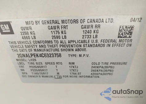 2012 Chevrolet Equinox 2Lt z USA, uszkodzony, nr VIN 2GNALPEK4C6323758